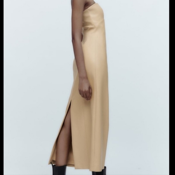 Zara Faux Leather Strapless Bloggers Favorite Back Slit Midi Dress Cream Small - Picture 3 of 16